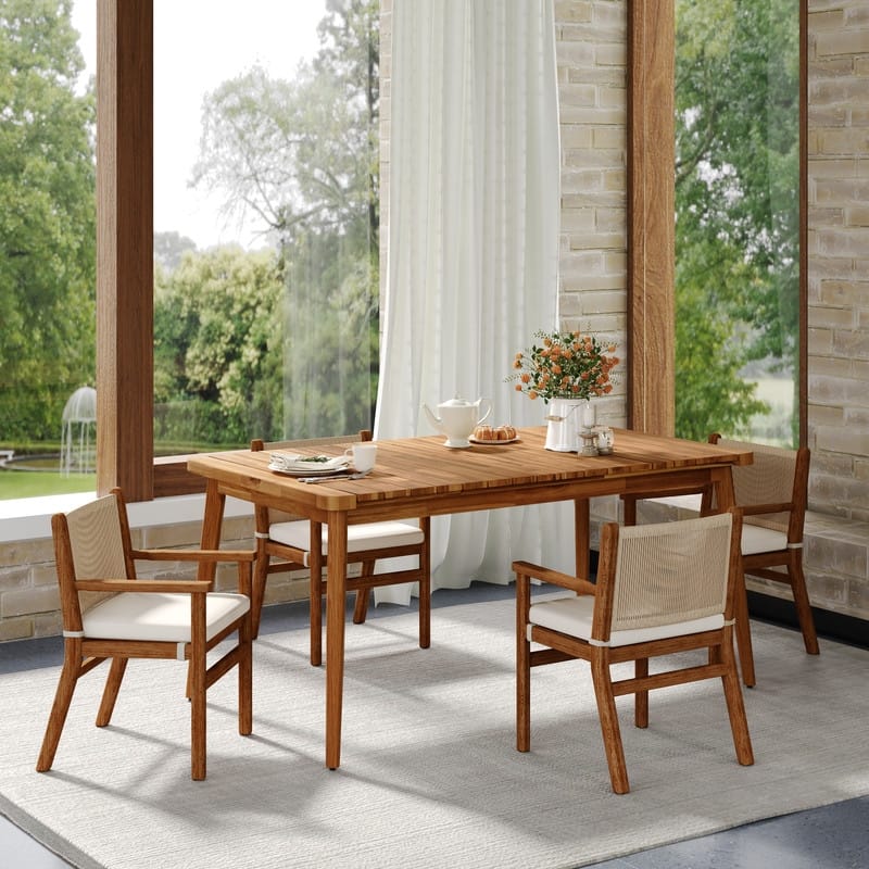 63"L Acacia Wood Outdoor Dining Table, Farmhouse Patio Table for 6