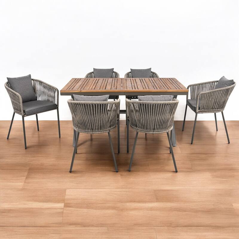 7-Piece Outdoor Patio Dining Set with Rope Weave Chairs, Cushions & Adjustable Feet - Ideal for Patio, Garden & Balcony