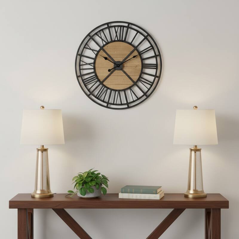 HomeRoots 30" Black And Natural Iron And Wood Analog Round Wall Clock - 30.12 in. x 30.12 in. x 1.97 in. - 30.12 in. x 30.12 in.  x 1.97 in.