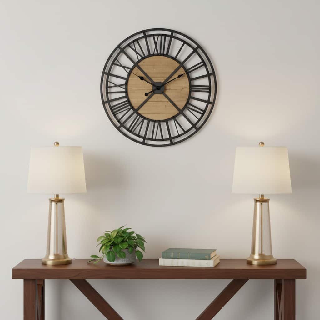 HomeRoots 30" Black And Natural Iron And Wood Analog Round Wall Clock - 30.12 in. x 30.12 in. x 1.97 in.