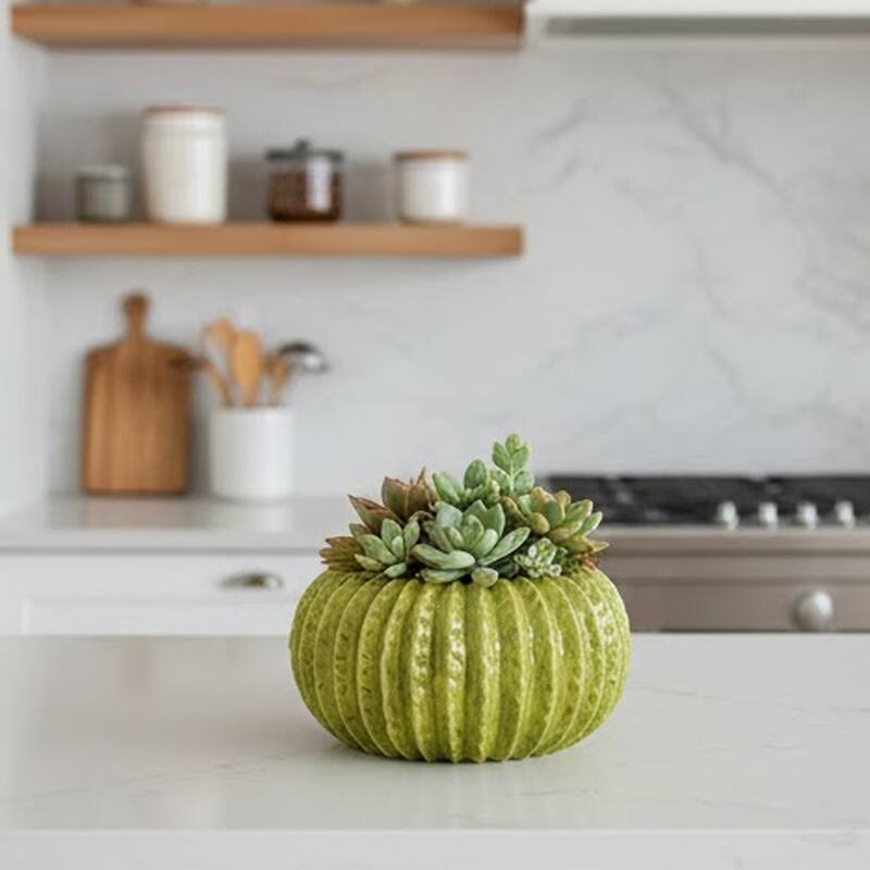 Decorative Planter, Melon Shape, Vertical Ribbed Texture, Green Ceramic - Green