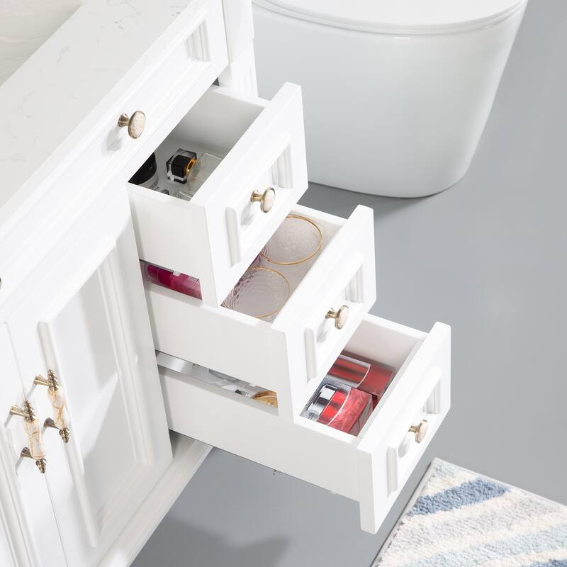 35'' H X 36'' W Solid Wood Bath Vanity with Stain-resistant Carrera Quartz Top and Single Sink