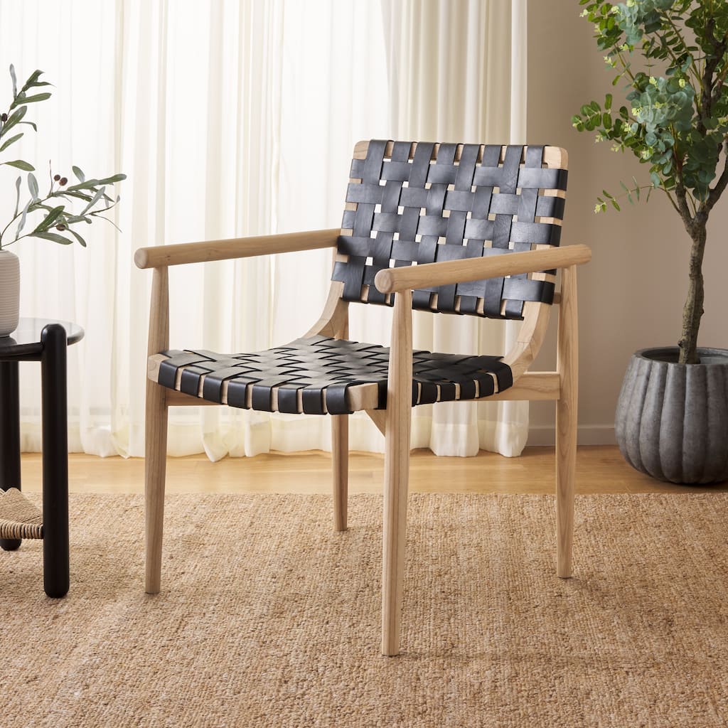 SAFAVIEH Delilah Solid Wood & Leather Accent Chair (Fully Assembled) - W23" x D23" x H33" - 23"Wx23"Dx33"H
