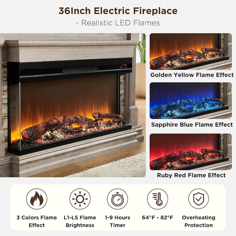 52" Farmhouse 3-Sided Fireplace TV Stand, Wood Entertainment Center