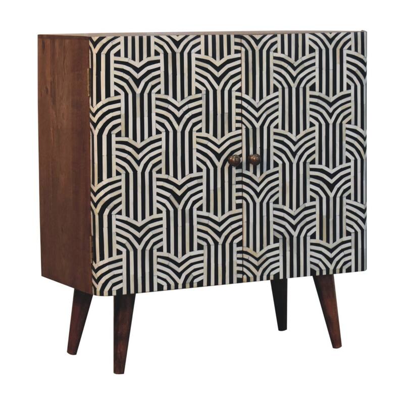 HomeRoots 32" Brown Black and White Solid Wood And Inlaid Bone Textured Accent Cabinet With Two Doors
