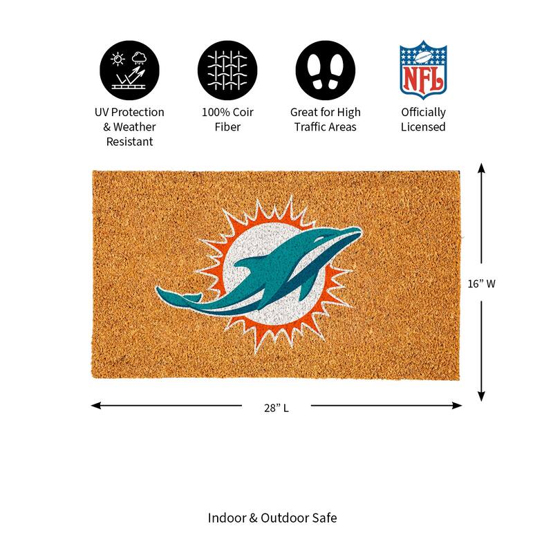 Coir Door Mat, 16"x 28", Miami Dolphins - 28" x 16"