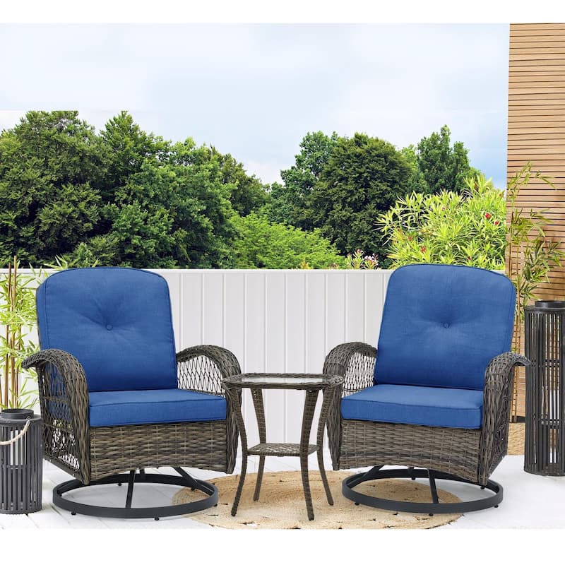 EROMMY Outdoor 3 Pieces Swivel Rocker Patio Chair Sets with Glass Table, All-Weather Wicker & Thickened Cushions for Backyard