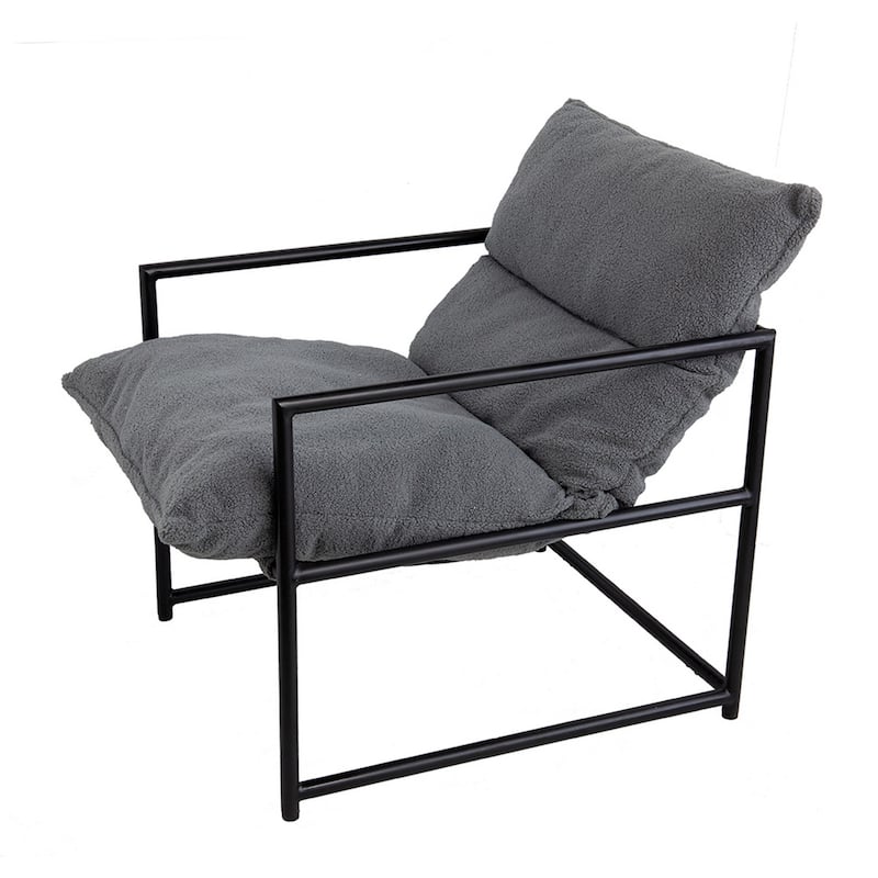 26 Inch Accent Chair with Cushion, Black Iron, Light Gray Faux Leather