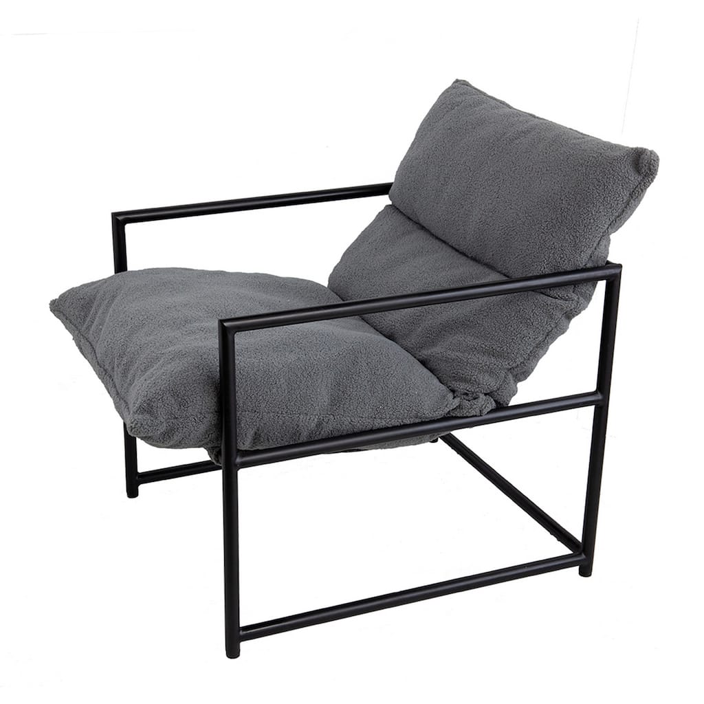 26 Inch Accent Chair with Cushion, Black Iron, Light Gray Faux Leather