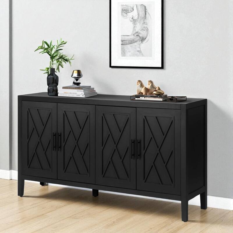 60" Farmhouse 4-Door Wood Accent Sideboard Buffet Cabinet with Adjustable Shelf for Kitchen and Entryway.