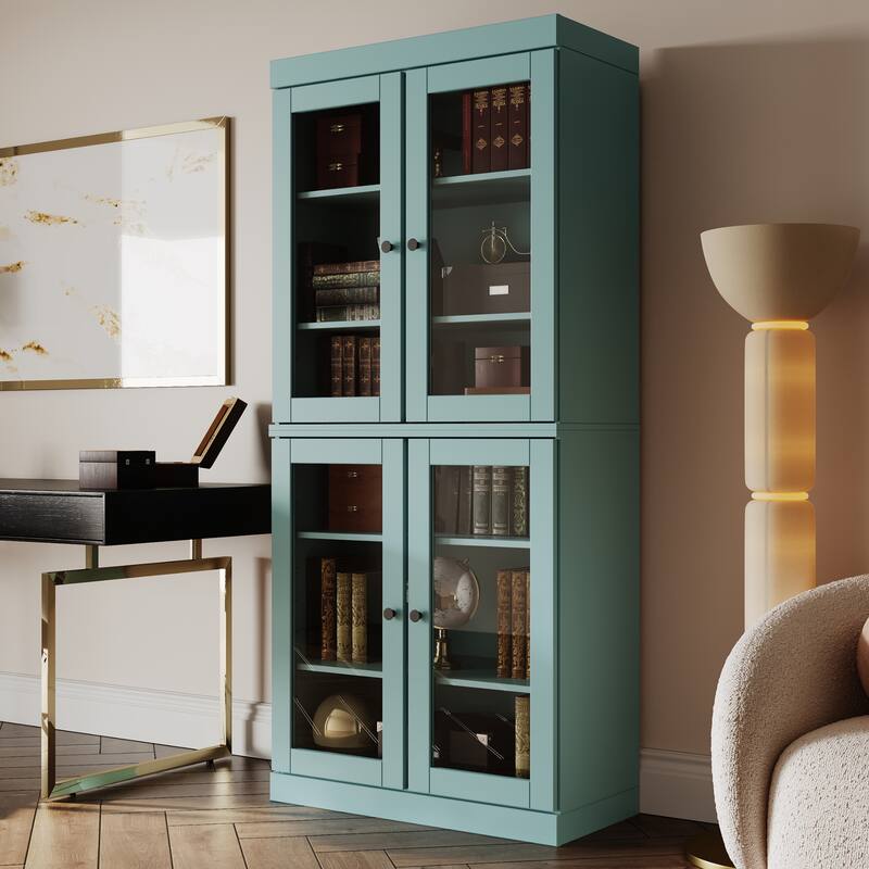 Palace Imports Solid Wood 6-Shelf Bookcase, Clear Glass Doors, Adjustable Shelves - Aqua