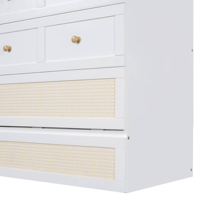 Full Size Murphy Bed Hidden Cabinet Bed with Drawer Underneath and Rattan Patterned, Clever Space Utilization Classic White