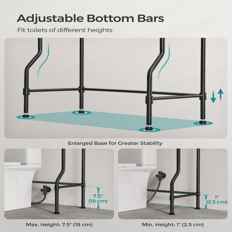 4-Tier Freestanding Metal Over-the-Toilet Storage Rack with 4 Adjustable Shelves and 4 Convenient Hoooks
