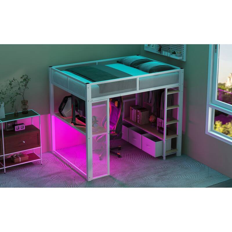 Full Size Metal Loft Bed with LED, Desk, Wardrobe, and Storage Drawers, White
