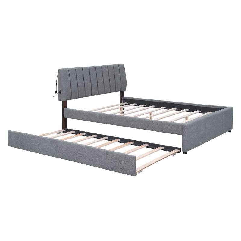 Queen Upholstered Platform Bed with Stripe Headboard, LED Lighting, and Twin XL Trundle