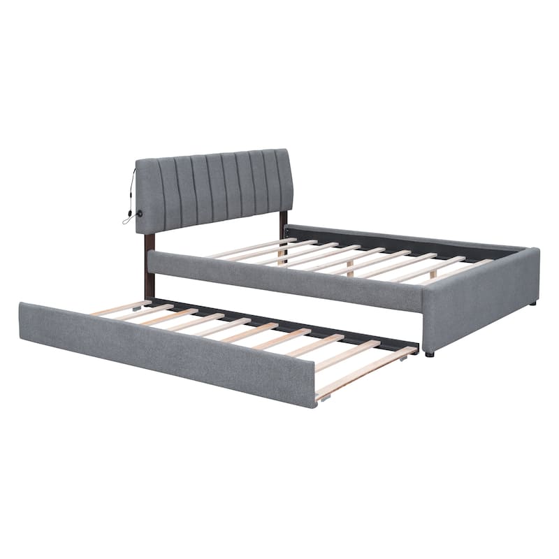 Teddy Fleece Queen Size Upholstered Platform Bed with Trundle