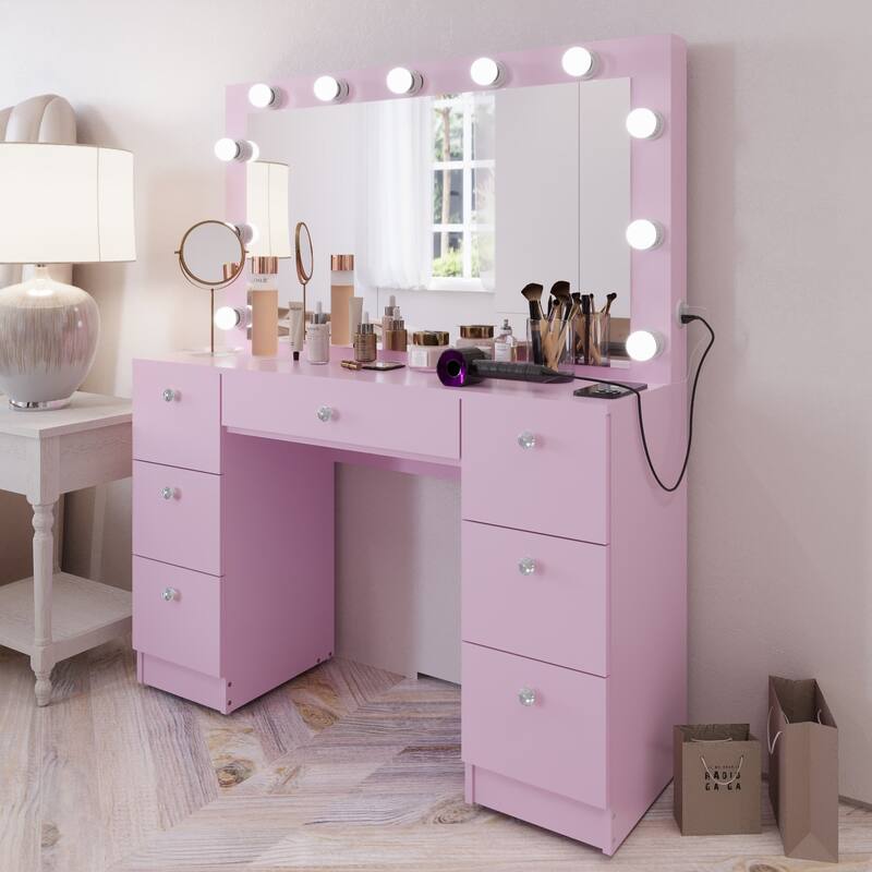 Boahaus Makeup Vanity 7 Drawers Lighted Crystal Knobs USB Port