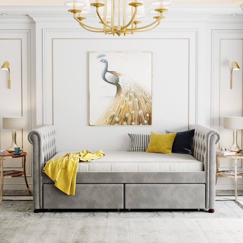 Twin Size Upholstered Daybed with Drawers, Wood Slat Support, No Box Spring Needed