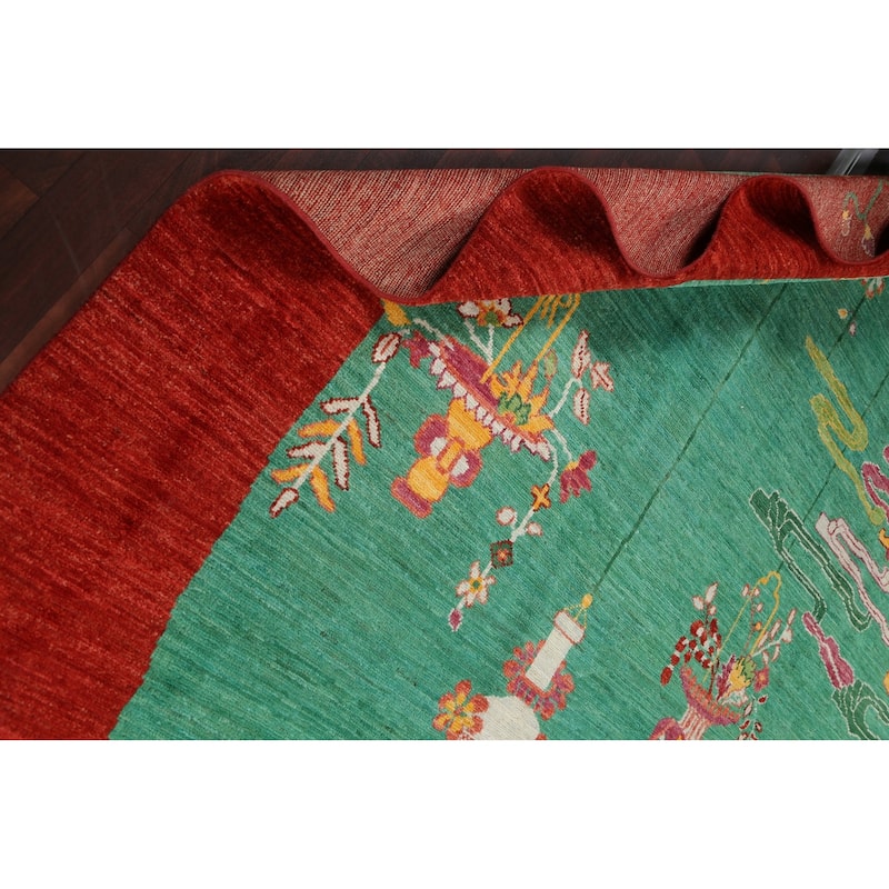 Vegetable Dye Animal Pictorial Art Deco Area Rug Handmade Wool Carpet - 10'3" x 13'7"