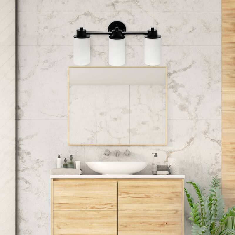 3-Light Vanity Light Fixture - Metal & Glass Shade Wall Sconce - Bathroom, Hallway, Entryway Lighting - Black Finish - 7.5