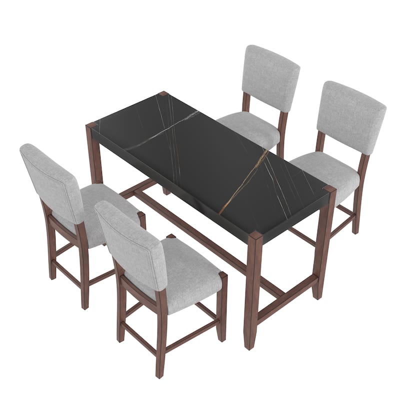 5-Piece Counter Height Dining Table Set, Faux Marble Bar Table And 4 Upholstered-Seat Chairs, Mid-Century Modern Dining Set
