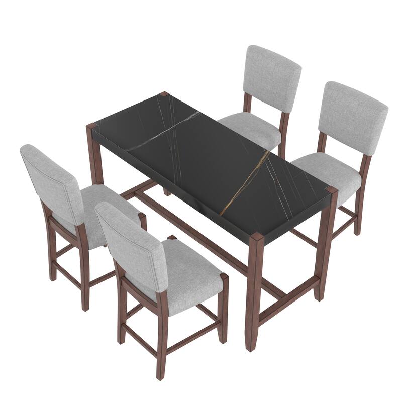 5 Piece Counter Height Dining Table Set wFaux Marble Bar Table & 4 Upholstered Seat Chairs Rectangular Dining Table Set