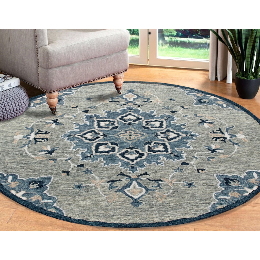 Sevita Rugify Farmhouse Medallion Gray/Blue Hand-Tufted Wool Round Indoor Area Rug
