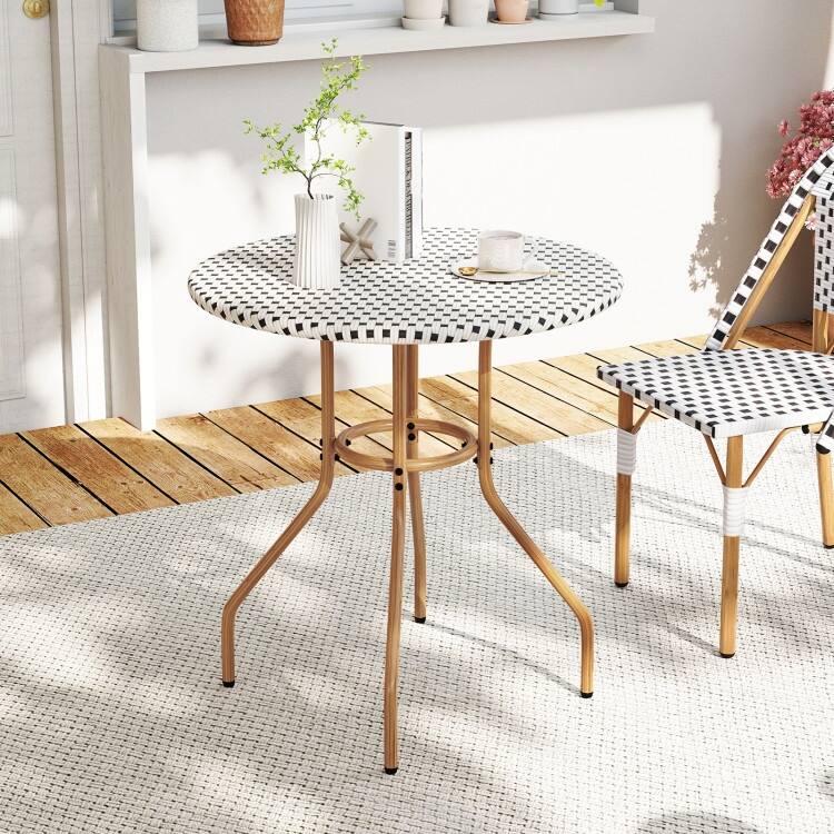 White PE Rattan Metal Round Bistro Table 27.5 inches Patio Outdoor - 27.5" × 29"