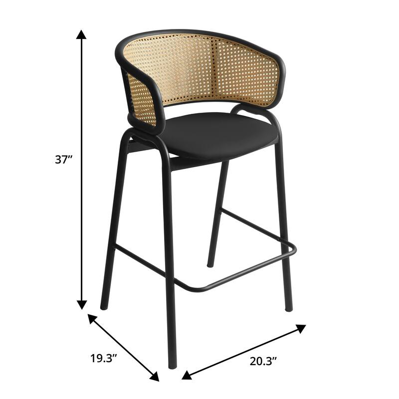 Ervilla Mid-Century Modern Low-Back Wicker Bar Stool with Black Powder Coated Steel Frame and Fabric Seat Counter Chair Set of 2