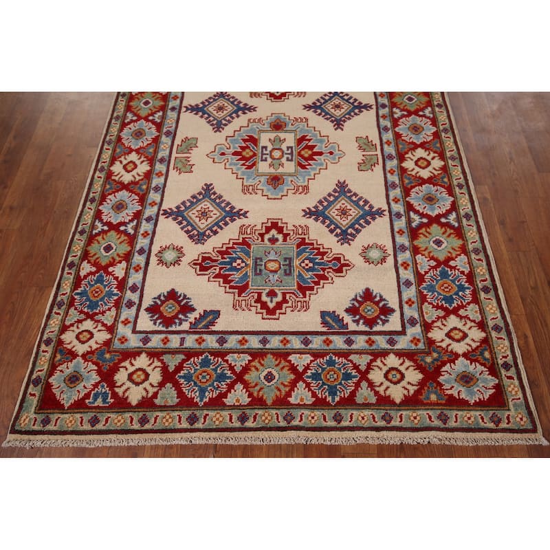Beige Traditional Kazak Accent Rug Hand-Knotted Wool Carpet - 4'1" x 5'11"