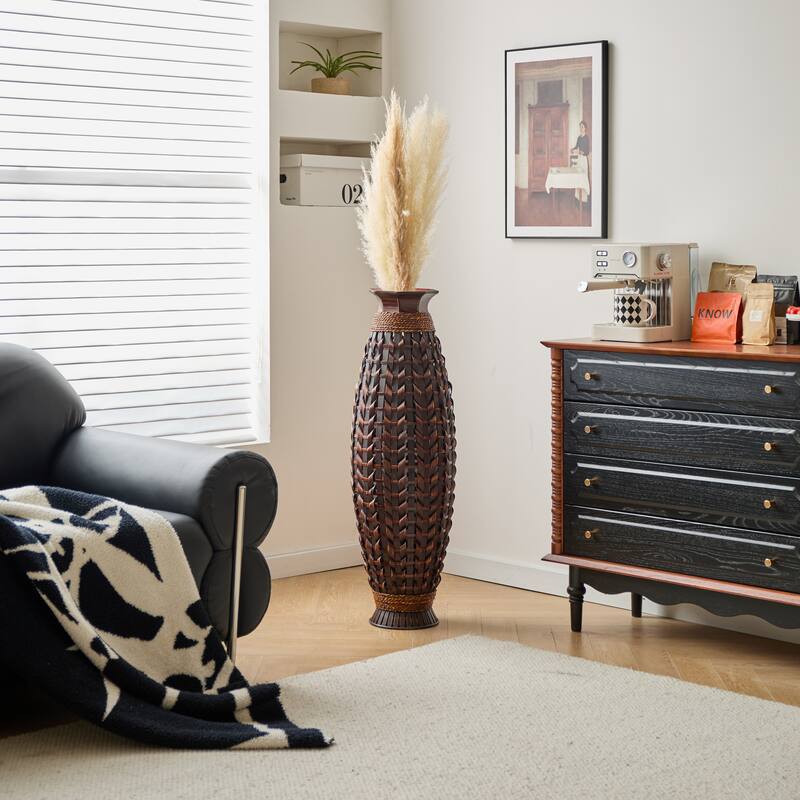 39-Inch Tall Hand-Woven Bamboo Floor Vase - For Dried Or Silk Flower Arrangements