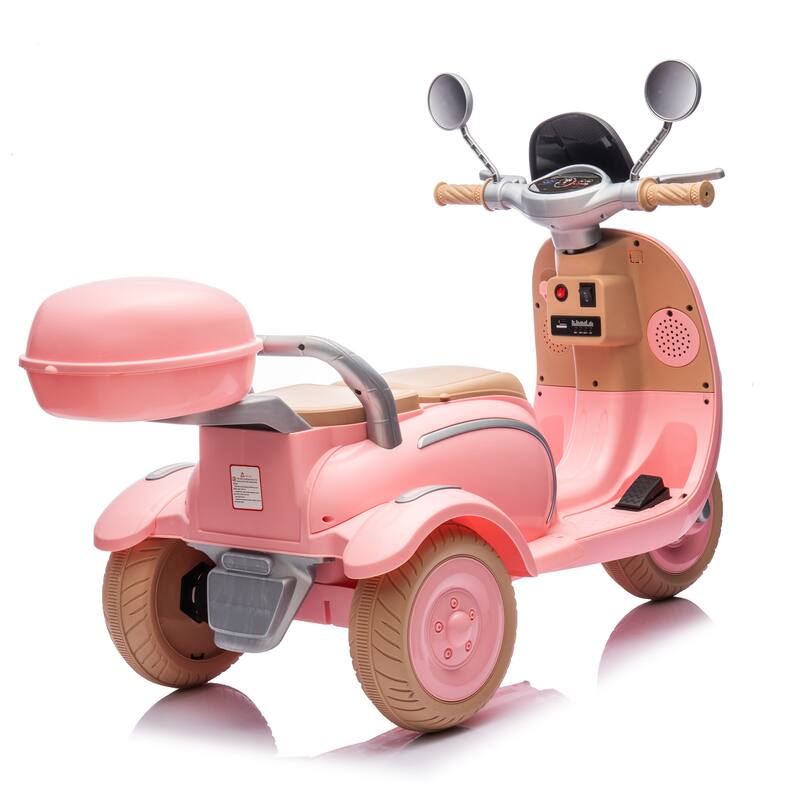 12V Ride-On Two-Seater Motorcycle for Kids, Three-Wheel Design, USB, Bluetooth, Adult Seat Flip, and Storage for Ages 3-6.
