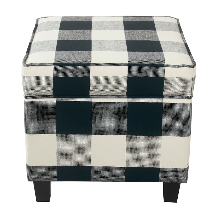 Pyp Square Storage Ottoman, 18 Inch Black Plaid Cotton, Ebony Legs