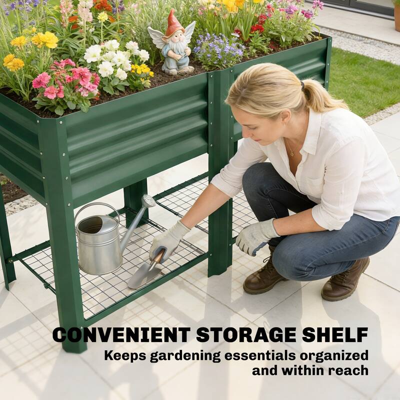 Outsunny Galvanized Steel Raised Garden Bed with Storage Shelf and Bed Liner, Elevated Planter Box with Legs