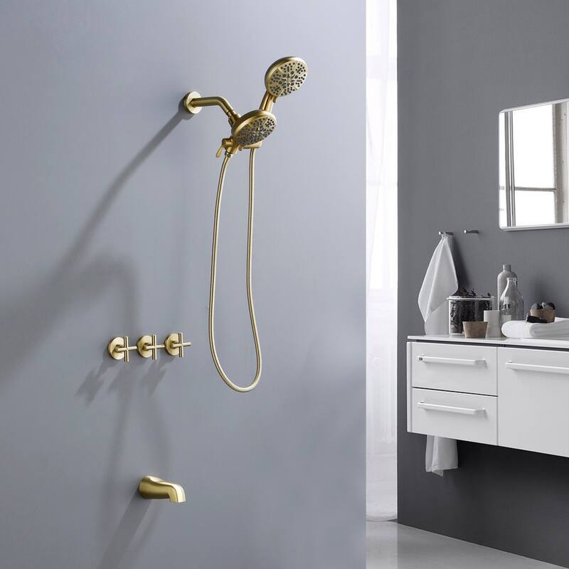 Modland 3-Handle Tub and Shower Faucet Set Dual Head 7-Spray Brass Valve Kit with Alloy Spout