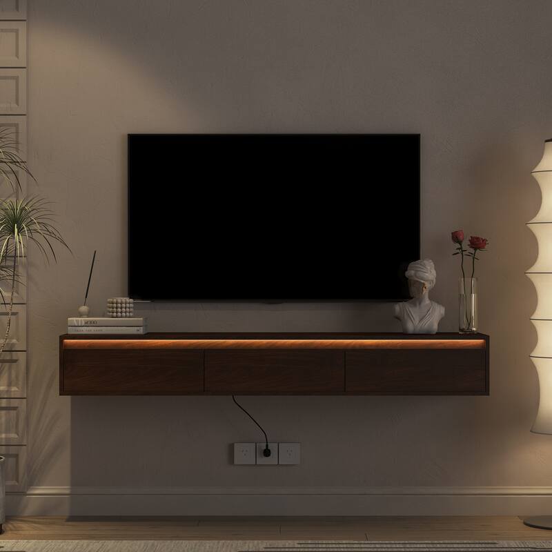 Floating TV Stand, Wall Mounted TV Shelf with Led Lights & Power Outlet,High Gloss TV Cabinet for Wood tv Stands for Living Room