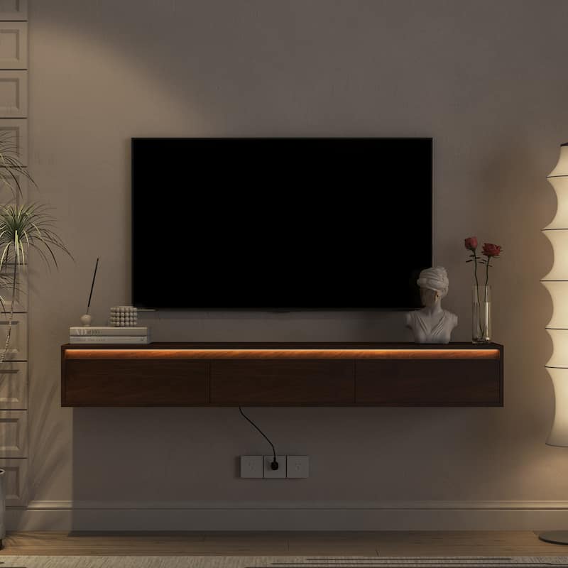 Modern Floating TV Stand Wall Shelf, 64" High-Gloss Media Console with LED Lights and Integrated Power Outlets for Living Room