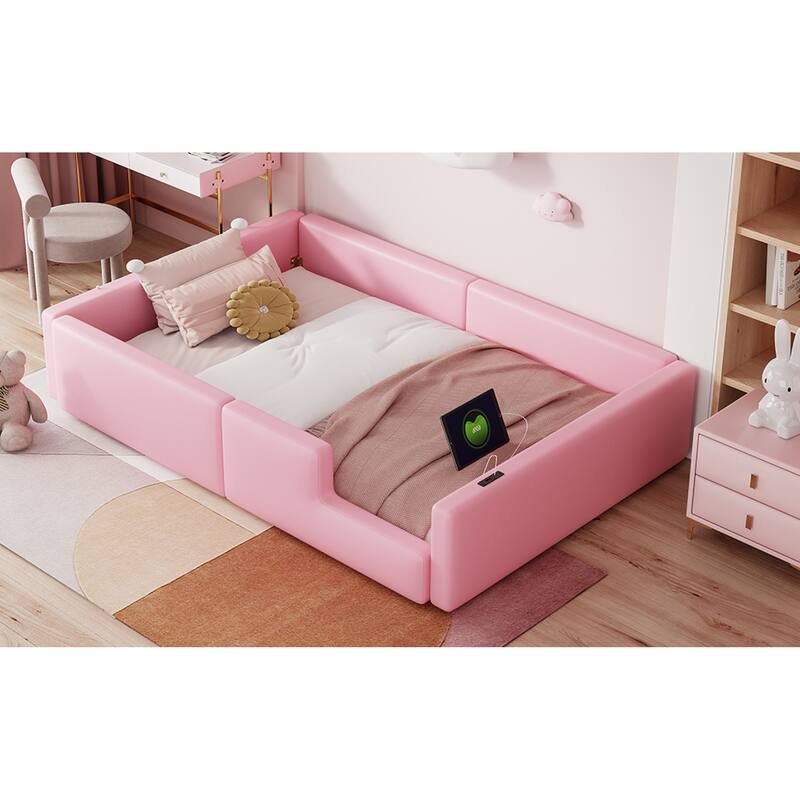 Roomfitters Twin Size Upholstered Floor Bed with USB Charging Ports and High Guardrails, Modern Padded Bed Frame
