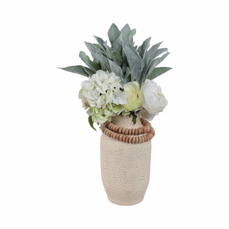 Pottery Mango Wood Vase Textured Surface and Removable Beaded Accent