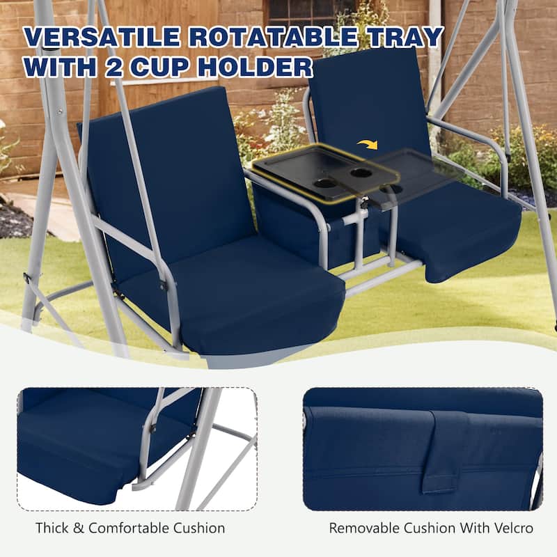 Outdoor Swing with Stand, Canopy, Pivot Table & 2 Cup Holders - Patio, Balcony, Bedroom