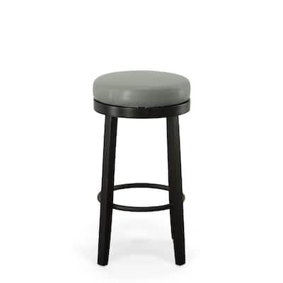 HomeRoots Set of Two 30" Gray and Espresso Faux Leather and Solid Wood Backless Bar Height Swivel Bar Chairs