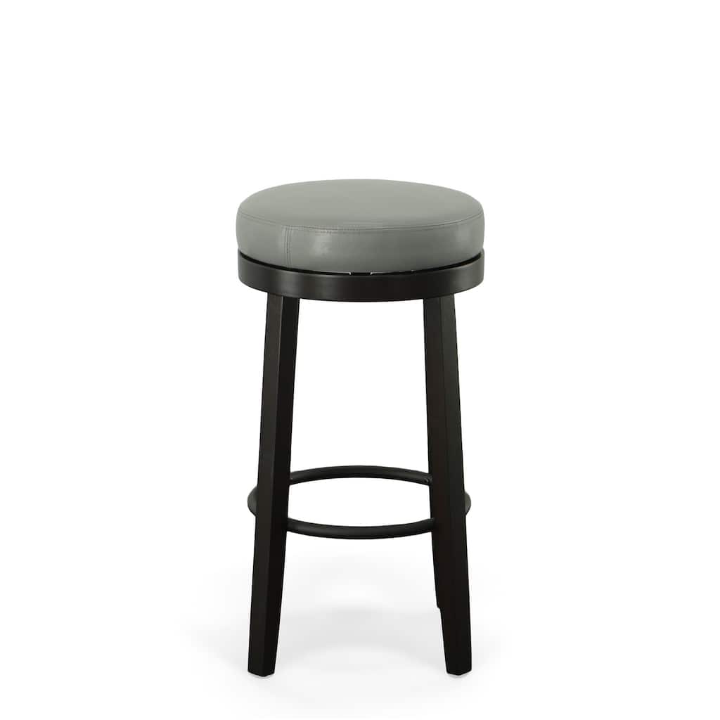 HomeRoots Set of Two 30" Gray and Espresso Faux Leather and Solid Wood Backless Bar Height Swivel Bar Chairs