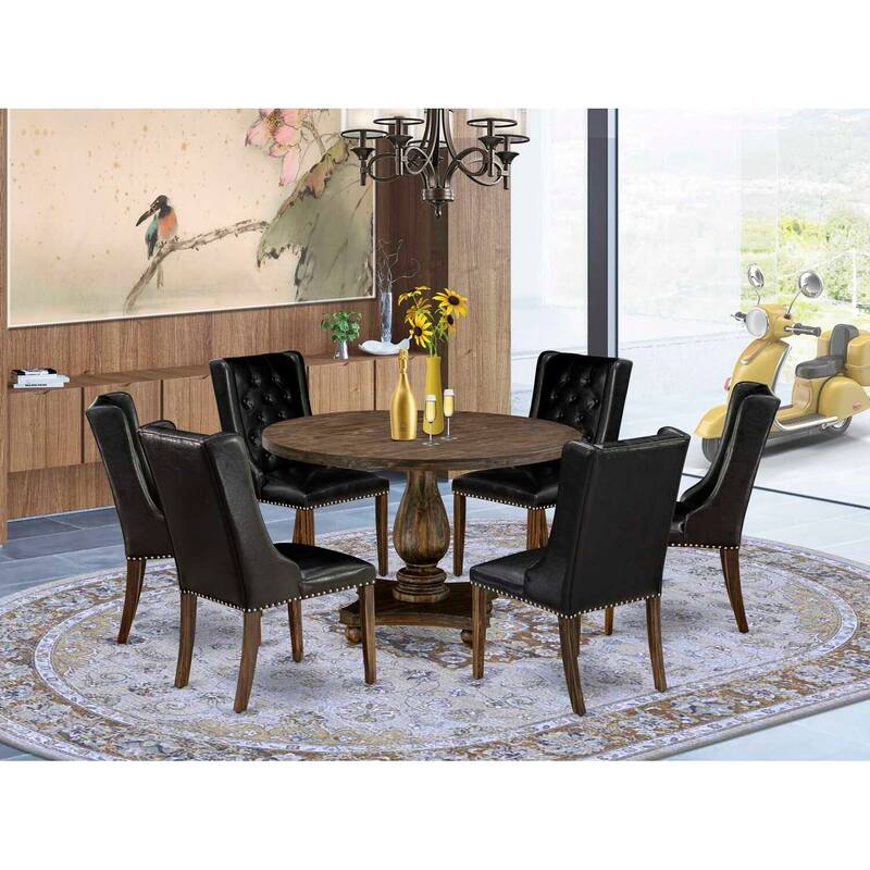 HomeStock 7-Piece Distressed Jacobean Finish Solid Wood Top Dining Table with 6-Chairs