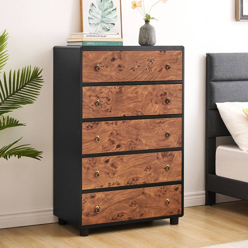 5 Drawers Dresser, Modern Chest of Drawers with Vintage Circle Handle and Curved Profile Design