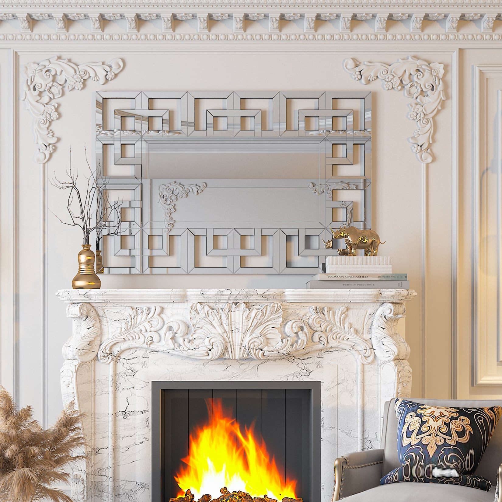 Large Elegant Geometric Border Beveled Decorative Wall Mirror for Home