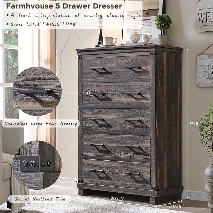 Farmhouse 5 Drawers Dresser, Wood Chest of Drawers, Closet Dresser