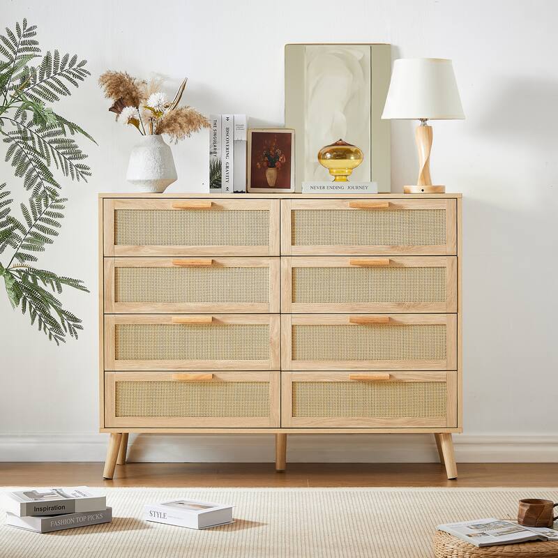 Modern Stylish Double Dressing Drawers with 8 Rattan Drawers, for Childrens Room Living Room Entryway Hallway - Beige