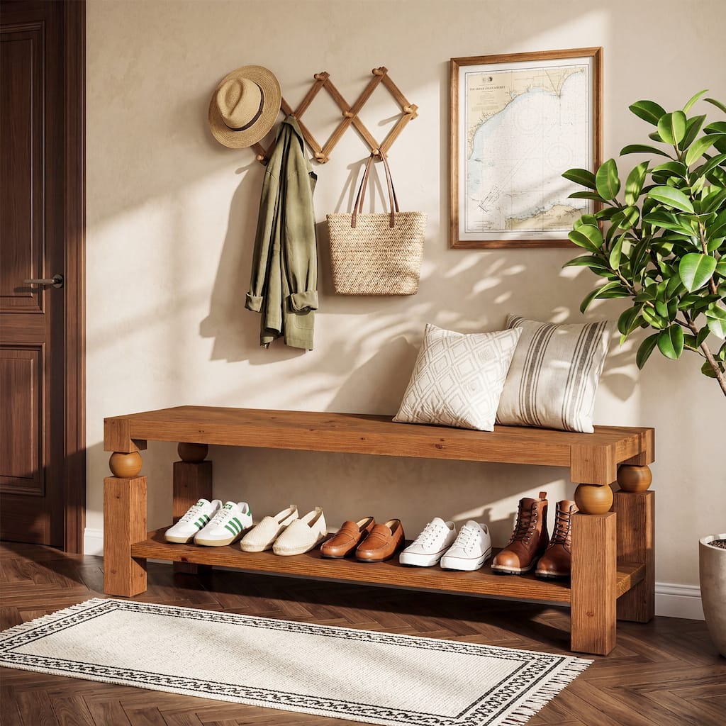 47 Inch Solid Wood Bench for Entryway, Rustic Wooden Storage Bench for Bedroom, Living Room, Hallway