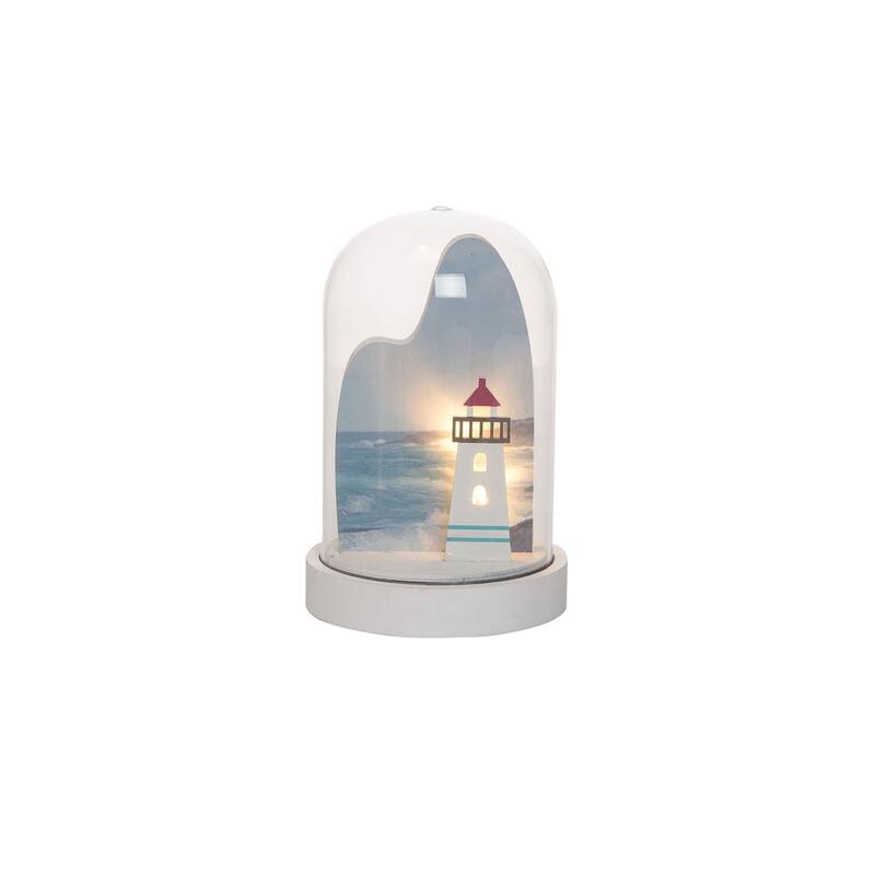 Lighthouse Scene Light-Up LED Globe Night Light Glass Wood Sunset Coastal Nautical Beach Ocean 3.94 x 3.94 x 6.3 - Blue