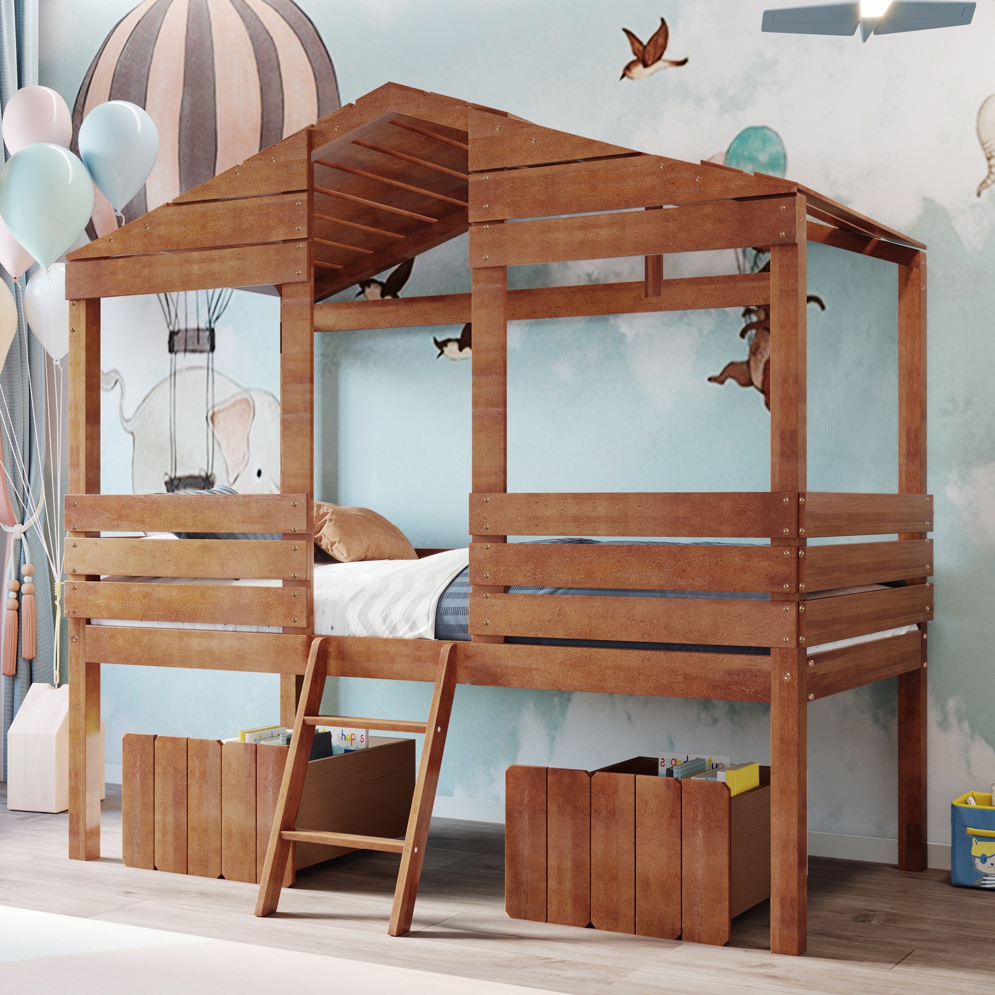  Kids House Beds, Low Loft Bed Frames Twin Size, Wood